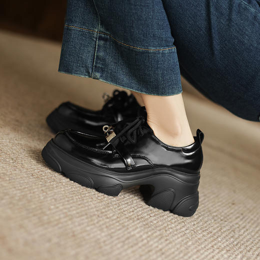 阿么手工女鞋厚底系带小皮鞋女复古百搭新款金属扣真皮乐福鞋7CM 商品图2