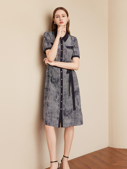 【衬衫款真丝裙】25年夏季新品女士100%桑蚕丝中长款系带收腰连衣裙 商品图1