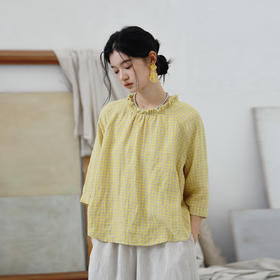 绽放409朵/【莫兰迪系列】色织亚麻小方格高支雨露耳领毛边套头小衫女