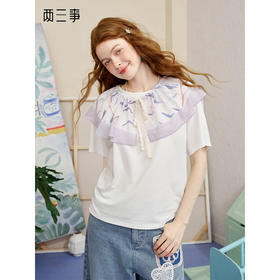 两三事一帘清梦2025夏季新款时尚可拆印花绑带假领短袖t恤女宽松