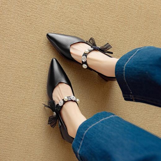 【预售5天】绝美爆款紫色羊皮V口玛丽珍鞋女蝴蝶结尖头浅口粗跟单鞋DB&M6503 商品图3