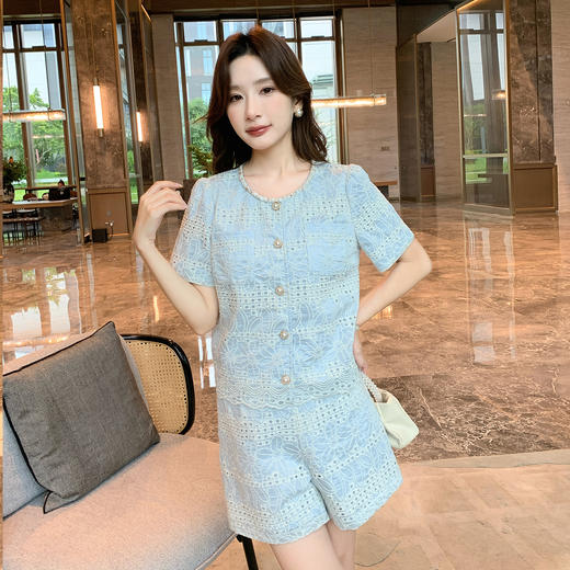 奢姿大码女装2025夏季圆领波西米亚风织带刺绣短袖加显瘦短裤套装9952922308 商品图1