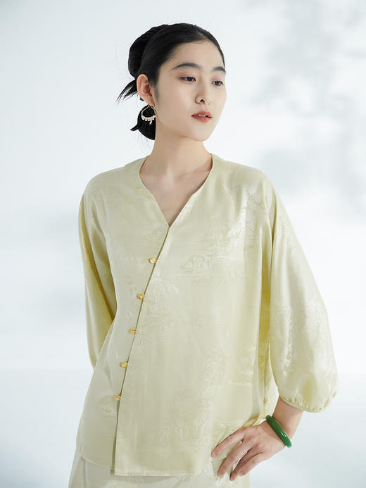 荷言GL 婉清 山水纹真丝提花新中式上衣淡黄色清凉透气夏季 商品图2