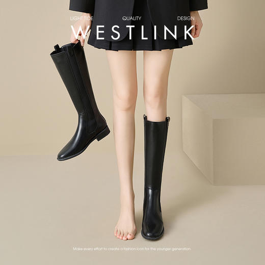 西遇法式长筒靴女新款秋冬山茶花显瘦高筒长靴平底黑色骑士靴V3547549 商品图1