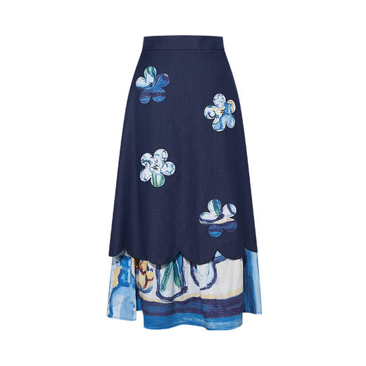 两三事虚掷花期2025夏新款森女风印花拼接双层裙摆绣花A字半身裙 商品图4