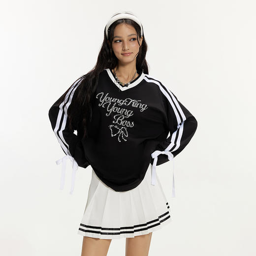 YKYB黄子韬长袖T恤侧边织带v领蝴蝶结上衣Y53FCT121 商品图1