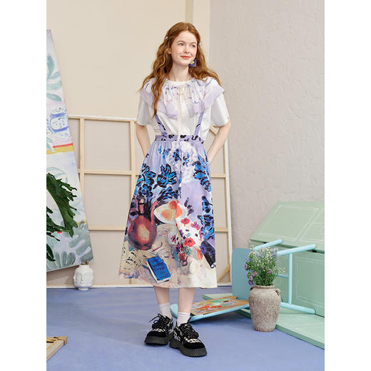 两三事 海岛假日 2025夏季新款文艺风油画印花背带裙a字半身裙 商品图3