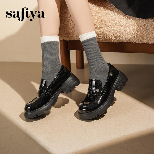 Safiya/索菲娅2025学院风钻扣漆皮百搭粗跟一脚蹬厚底乐福鞋SFD3112107 商品图7