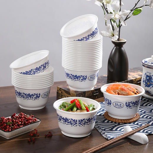 【批发】美丽雅一次性青花碗加厚打包饭盒汤碗 470ml20个/包 商品图2