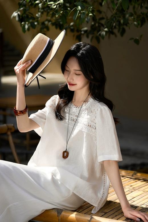 一梦浮生重工蕾丝亚麻天丝半袖睫毛蕾丝上衣 商品图0