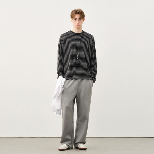 714street羊毛混纺毛巾料条纹长袖T恤男秋冬款情侣装桑蚕丝上衣女 商品图2