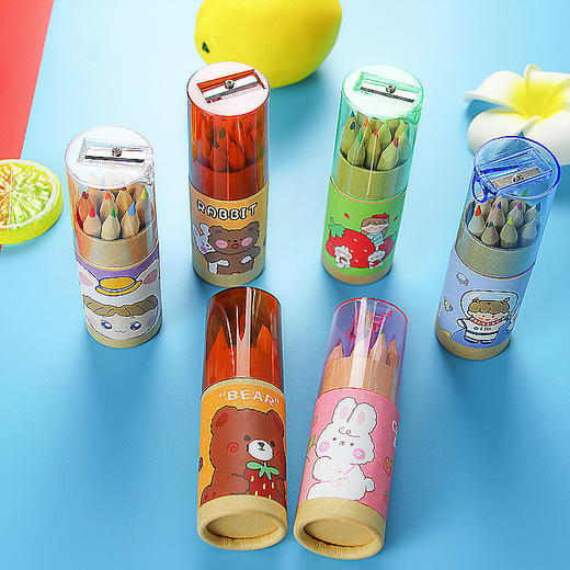 卡通儿童彩色铅笔12色绘画笔带削笔器彩铅筒套装学生文具原木铅笔 商品图2