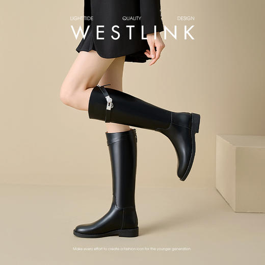 西遇高筒骑士靴女新款秋冬英伦风搭扣直筒靴低跟圆头黑色长靴V0047815 商品图2