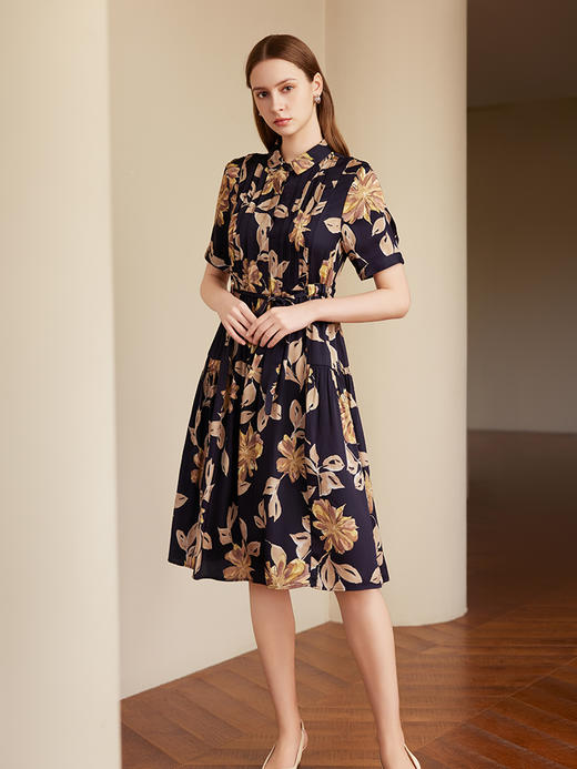 【真丝印花连衣裙】25年夏季女士新品桑蚕丝中长款系带收腰裙子 商品图1