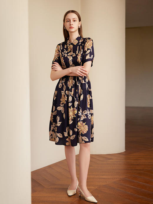 【真丝印花连衣裙】25年夏季女士新品桑蚕丝中长款系带收腰裙子 商品图2