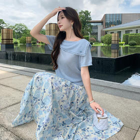 奢姿大码女装2025夏季减龄海军领印花两件套胖妹妹松紧时尚套装9952922302AB