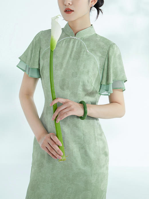 荷言GL 雅颂 浅绿色波点提花旗袍 拼接真丝波浪袖 商品图4
