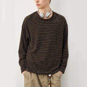 714street羊毛混纺毛巾料条纹长袖T恤男秋冬款情侣装桑蚕丝上衣女