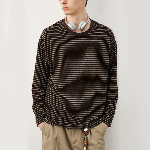 714street羊毛混纺毛巾料条纹长袖T恤男秋冬款情侣装桑蚕丝上衣女 商品图0