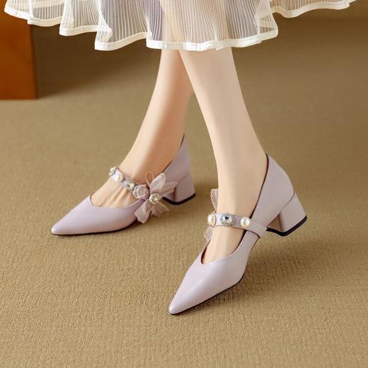 【预售5天】绝美爆款紫色羊皮V口玛丽珍鞋女蝴蝶结尖头浅口粗跟单鞋DB&M6503 商品图1