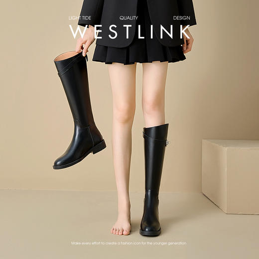 西遇高筒骑士靴女新款秋冬英伦风搭扣直筒靴低跟圆头黑色长靴V0047815 商品图1