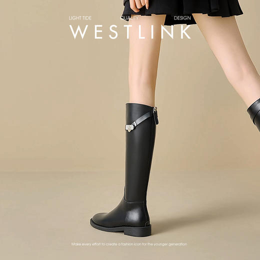 西遇高筒骑士靴女新款秋冬英伦风搭扣直筒靴低跟圆头黑色长靴V0047815 商品图3