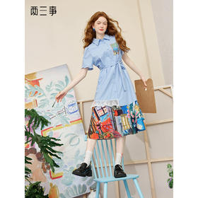 两三事 窗棂花事 2025夏季新款文艺风印花裙摆绑带衬衫裙连衣裙