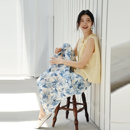 绽放女装411朵/【莫兰迪系列】双支数亚麻底布印花松紧腰半身裙女 商品图3