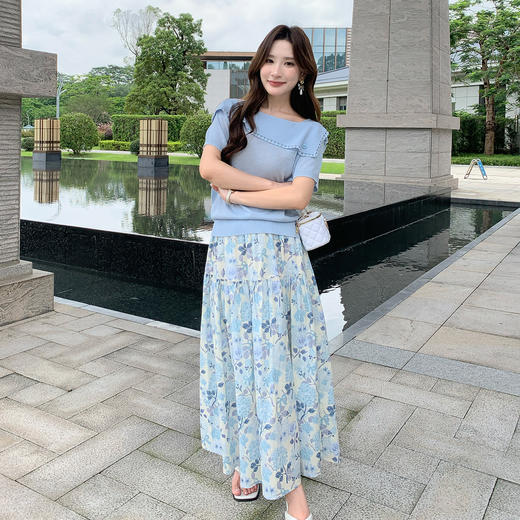 奢姿大码女装2025夏季减龄海军领印花两件套胖妹妹松紧时尚套装9952922302AB 商品图2