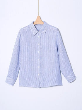 女士条纹汗麻长袖衬衣