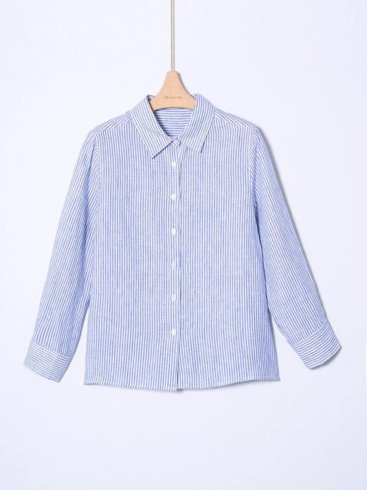 女士条纹汗麻长袖衬衣 商品图0