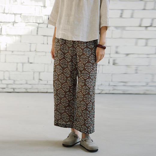 绽放464朵/【莫兰迪系列】高支亚麻印花拼色九分裤女 商品图0