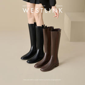 西遇法式长筒靴女新款秋冬山茶花显瘦高筒长靴平底黑色骑士靴V3547549