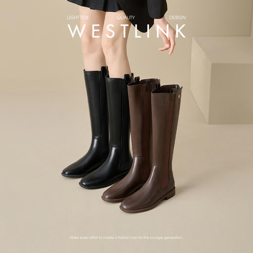 西遇法式长筒靴女新款秋冬山茶花显瘦高筒长靴平底黑色骑士靴V3547549 商品图0