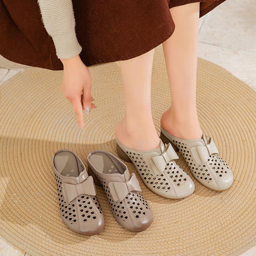 MLD 88633拖鞋真皮镂空粗高跟鞋民族风花朵包头凉拖 商品图1