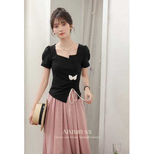 【6折秒杀】鹿向南「花蝶」气质通勤T恤2025夏季新款法式上衣半身裙两件套女QYM002129-5/QYM001385/QYM001377-1 商品图3