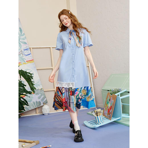 两三事 窗棂花事 2025夏季新款文艺风印花裙摆绑带衬衫裙连衣裙 商品图1