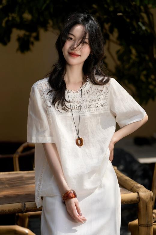 一梦浮生重工蕾丝亚麻天丝半袖睫毛蕾丝上衣 商品图1