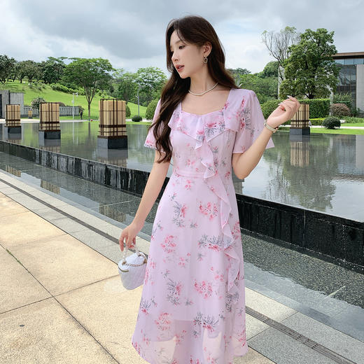 奢姿大码女装2025夏季减龄荷叶边方领连衣裙胖妹妹碎花时尚裙子9952858492 商品图2