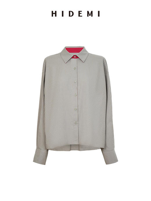 HIDEMI 趣味撞色色织格纹自然棉小翻领廓形衬衫 商品图9