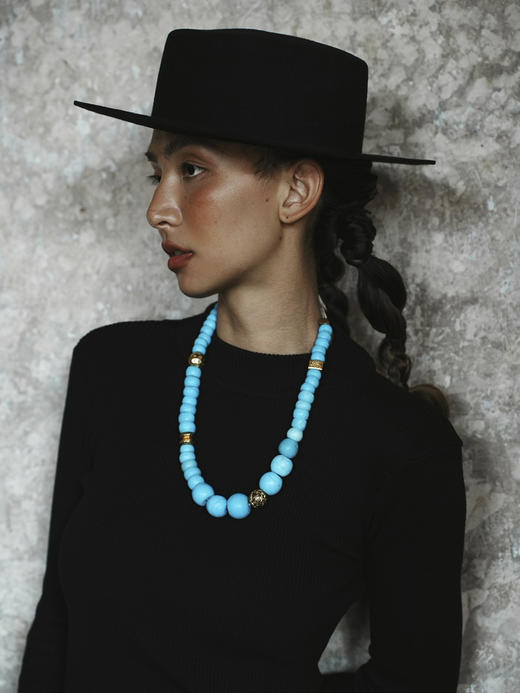 老蓝琉璃银鎏金珠日本丝线编绳项链 商品图0