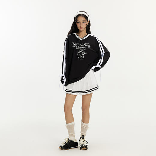 YKYB黄子韬长袖T恤侧边织带v领蝴蝶结上衣Y53FCT121 商品图7