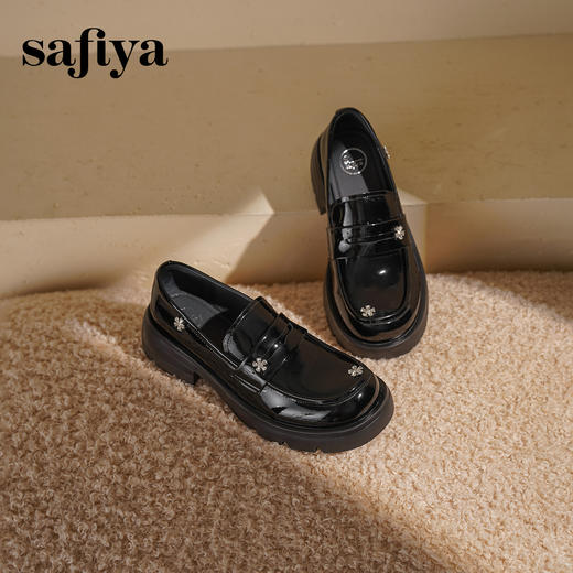 Safiya/索菲娅2025学院风钻扣漆皮百搭粗跟一脚蹬厚底乐福鞋SFD3112107 商品图10