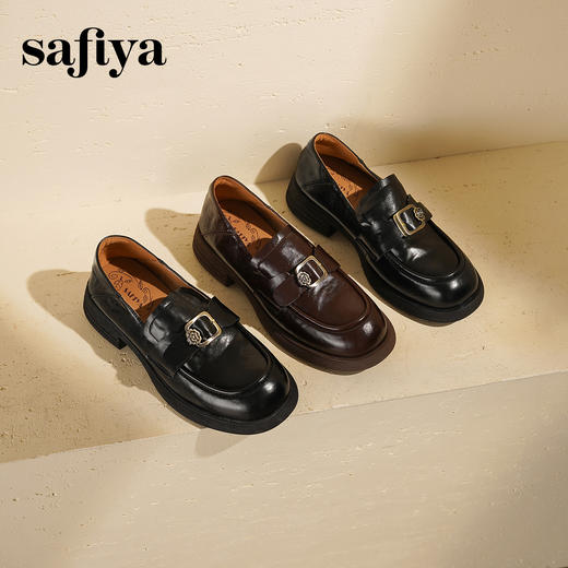 Safiya/索菲娅2025英伦风复古玫瑰扣圆头百搭深口粗跟乐福鞋 商品图7