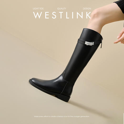 西遇高筒骑士靴女新款秋冬英伦风搭扣直筒靴低跟圆头黑色长靴V0047815 商品图0