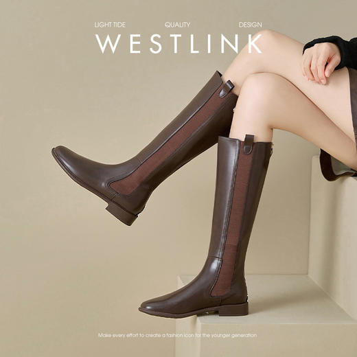 西遇法式长筒靴女新款秋冬山茶花显瘦高筒长靴平底黑色骑士靴V3547549 商品图2