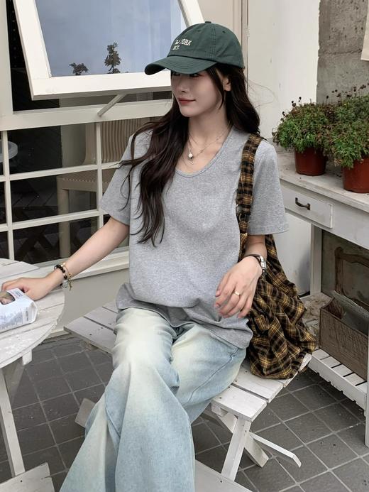 （鹅蛋领短袖T恤59元2件限时秒杀！拍2立减！时尚的尽头是极简风）短袖女t恤夏季2025新款V领宽松慵懒风大领口显瘦上衣 商品图1