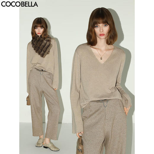 COCOBELLA简约气质V领针织衫女通勤松弛感小喇叭袖毛衣MZ3112 商品图0