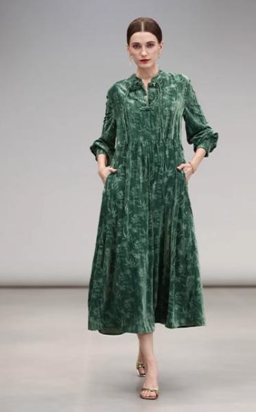 【限时秒杀】COCOBELLA竹叶拓印国风丝绒连衣裙手缝盘扣压褶衬衫裙FR0002 商品图0