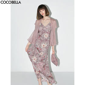 【秒杀】COCOBELLA手工捏褶雪纺花卉吊带裙夏度假风飘带连衣裙FR0023
